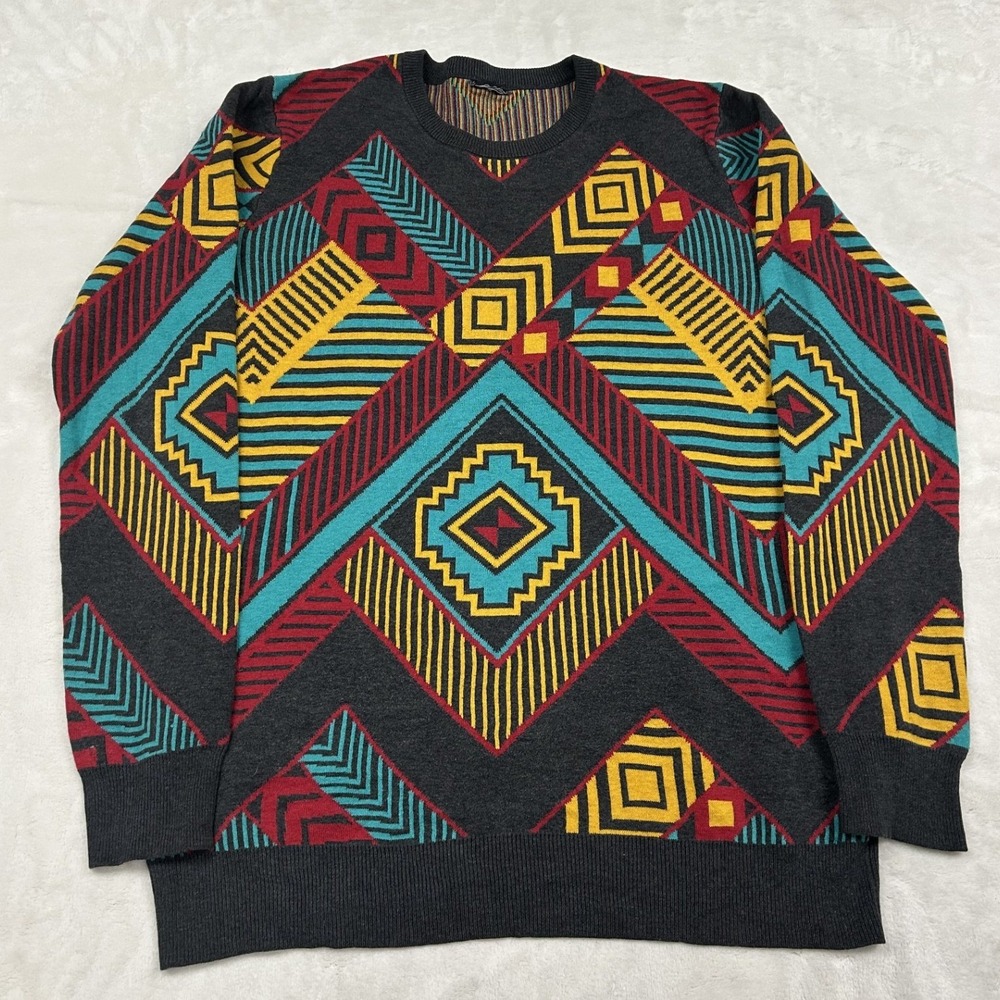Unbranded Geometric Knit Sweater Mens Large Grey Red Southwestern Pullover